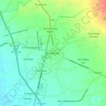 Topografisk karta Binalonan, höjd, relief
