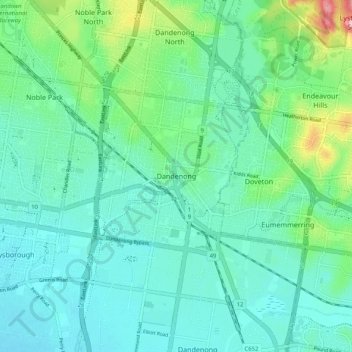 Topografisk karta Dandenong, höjd, relief