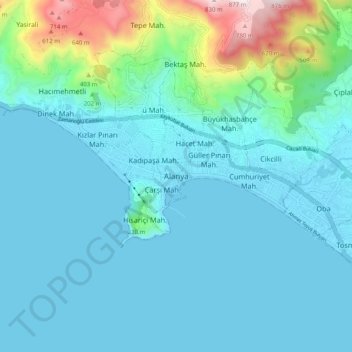 Topografisk karta Alanya, höjd, relief