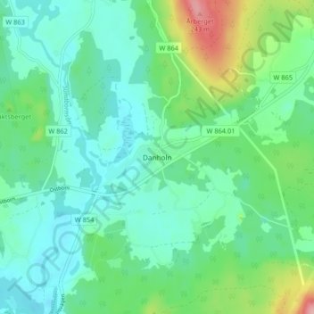 Topografisk karta Danholn, höjd, relief