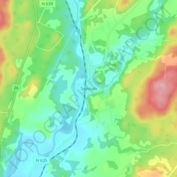Topografisk karta Sennan, höjd, relief