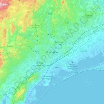 Topografisk karta Montpellier, höjd, relief