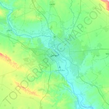 Topografisk karta Mosul, höjd, relief