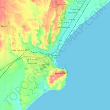 Topografisk karta Ōamaru, höjd, relief