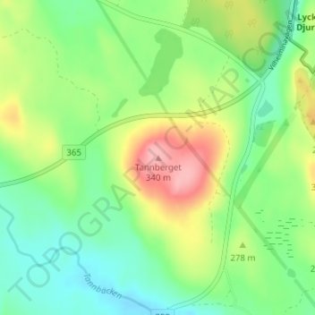Topografisk karta Tannberget, höjd, relief