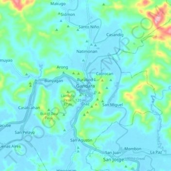 Topografisk karta Gandara, höjd, relief