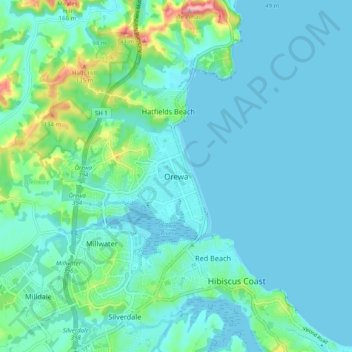 Topografisk karta Orewa, höjd, relief