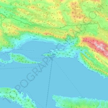 Topografisk karta Split, höjd, relief