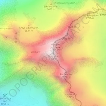 Topografisk karta Jungfrau, höjd, relief