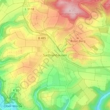 Topografisk karta Sachsenhausen, höjd, relief