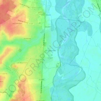 Topografisk karta Les Guenaudins, höjd, relief