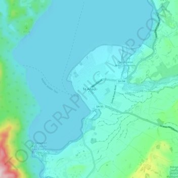 Topografisk karta Te Anau, höjd, relief