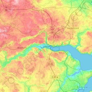 Topografisk karta Vejle, höjd, relief