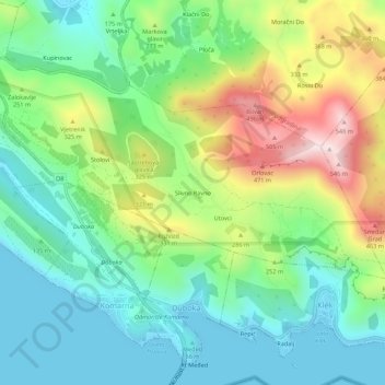 Topografisk karta Slivno Ravno, höjd, relief