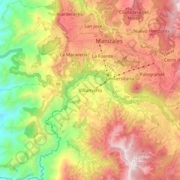 Topografisk karta Villamaría, höjd, relief