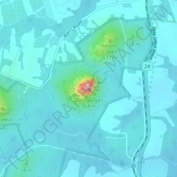Topografisk karta Mount Tibrogargan, höjd, relief