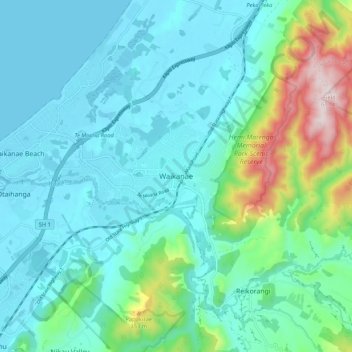 Topografisk karta Waikanae, höjd, relief