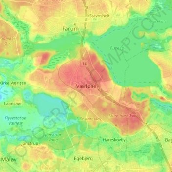 Topografisk karta Værløse, höjd, relief