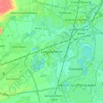 Topografisk karta Lingolsheim, höjd, relief