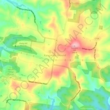 Topografisk karta Kangaroo Ground, höjd, relief