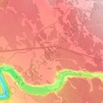 Topografisk karta Donji Radići, höjd, relief