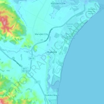 Topografisk karta Ruakākā, höjd, relief