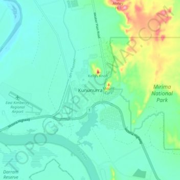 Topografisk karta Kununurra, höjd, relief