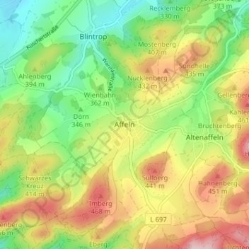Topografisk karta Affeln, höjd, relief