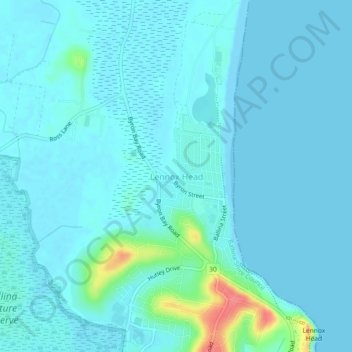 Topografisk karta Lennox Head, höjd, relief