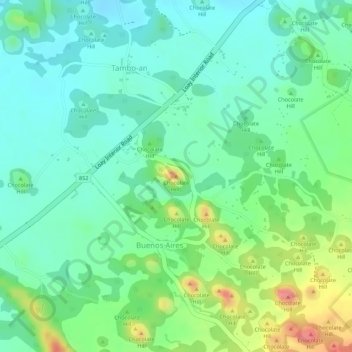 Topografisk karta Chocolate Hills, höjd, relief