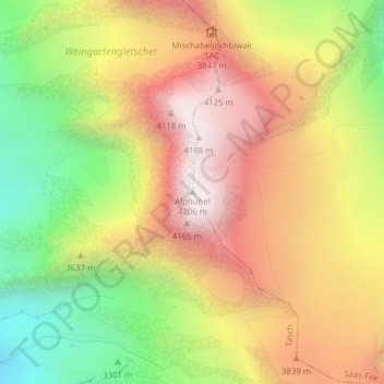 Topografisk karta Alphubel, höjd, relief