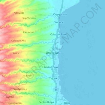 Topografisk karta Sinacaban, höjd, relief