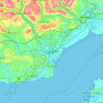 Topografisk karta Cardiff, höjd, relief