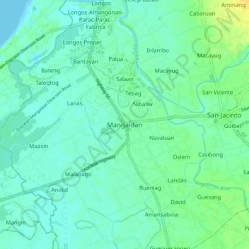 Topografisk karta Mangaldan, höjd, relief