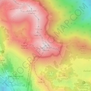 Topografisk karta Sveto brdo, höjd, relief