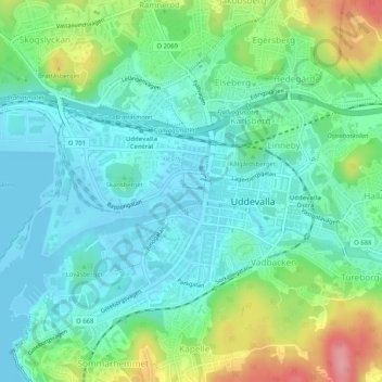 Topografisk karta Uddevalla kommun, höjd, relief