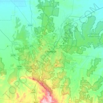 Topografisk karta Bendigo, höjd, relief