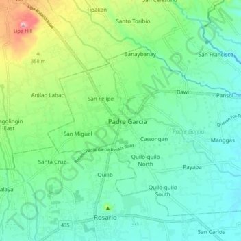 Topografisk karta Padre Garcia, höjd, relief