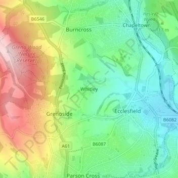 Topografisk karta Whitley, höjd, relief