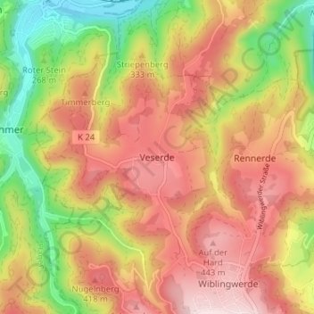 Topografisk karta Veserde, höjd, relief