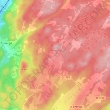 Topografisk karta Hyberg, höjd, relief
