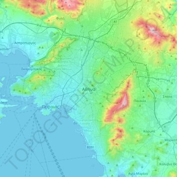 Topografisk karta Aten, höjd, relief