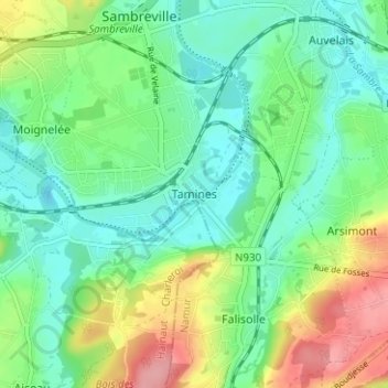 Topografisk karta Tamines, höjd, relief