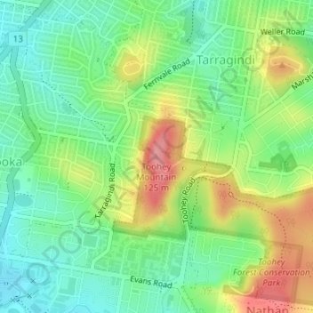 Topografisk karta Toohey Mountain, höjd, relief