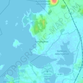 Topografisk karta Trönningenäs, höjd, relief
