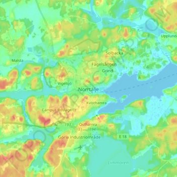 Topografisk karta Norrtälje, höjd, relief