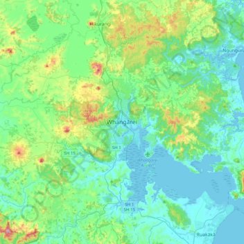 Topografisk karta Whangārei, höjd, relief