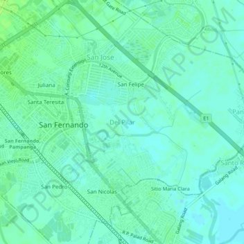 Topografisk karta Del Pilar, höjd, relief
