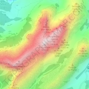Topografisk karta Puig Major, höjd, relief