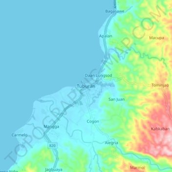 Topografisk karta Tuburan, höjd, relief